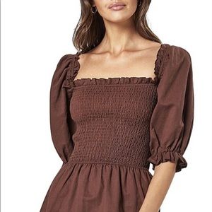 Charlie Holiday linen cotton puff sleeves LOLA 3/4 SLEEVE CHOCOLATE MINI DRESS